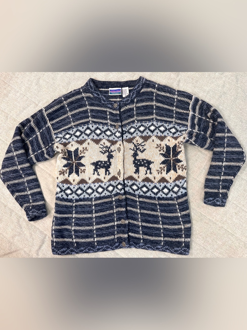 VTG North Crest Cardigan Sweater Womens M Nordic Fair Isle Reindeer Snowflake